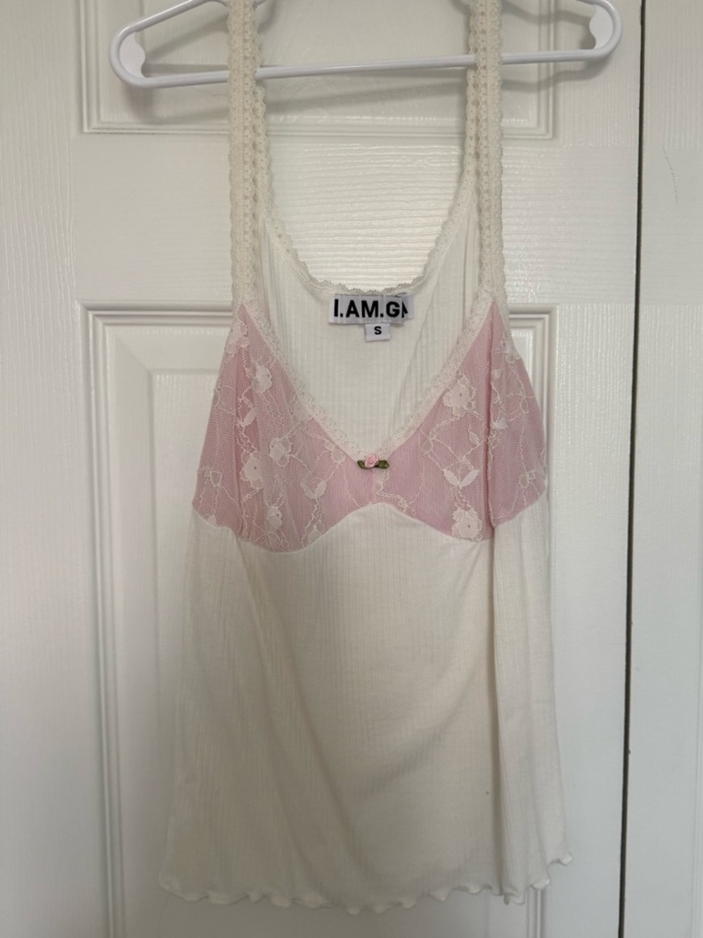 I.AM.GIA Ivory Ribbed Slip Tank with Pink Lace